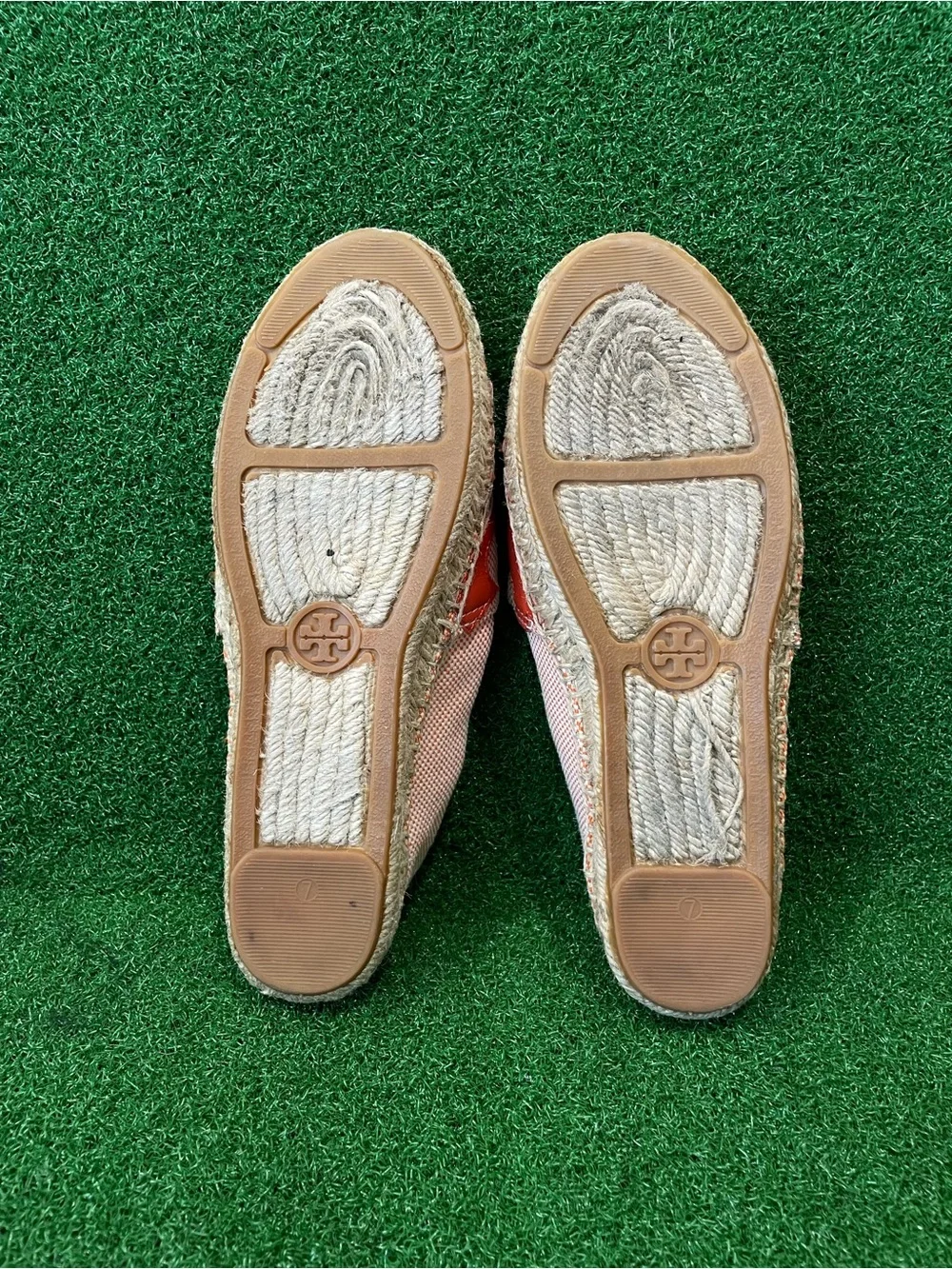 Tory Burch Lonnie Espadrilles Flats Big Logo Canvas Leather Orange Sz 7 Women’s